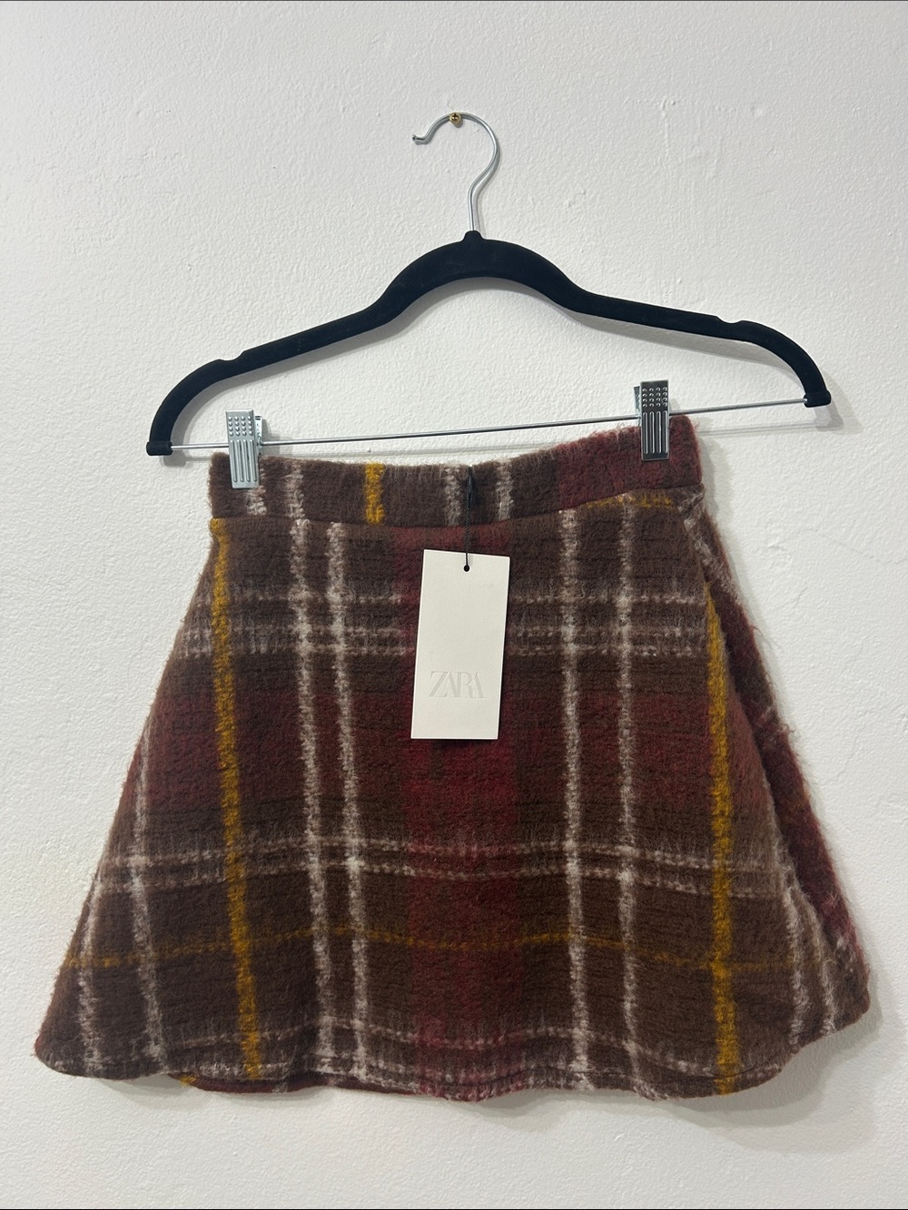 ZARA Brown Plaid Skater Skirt with Yellow Stripes